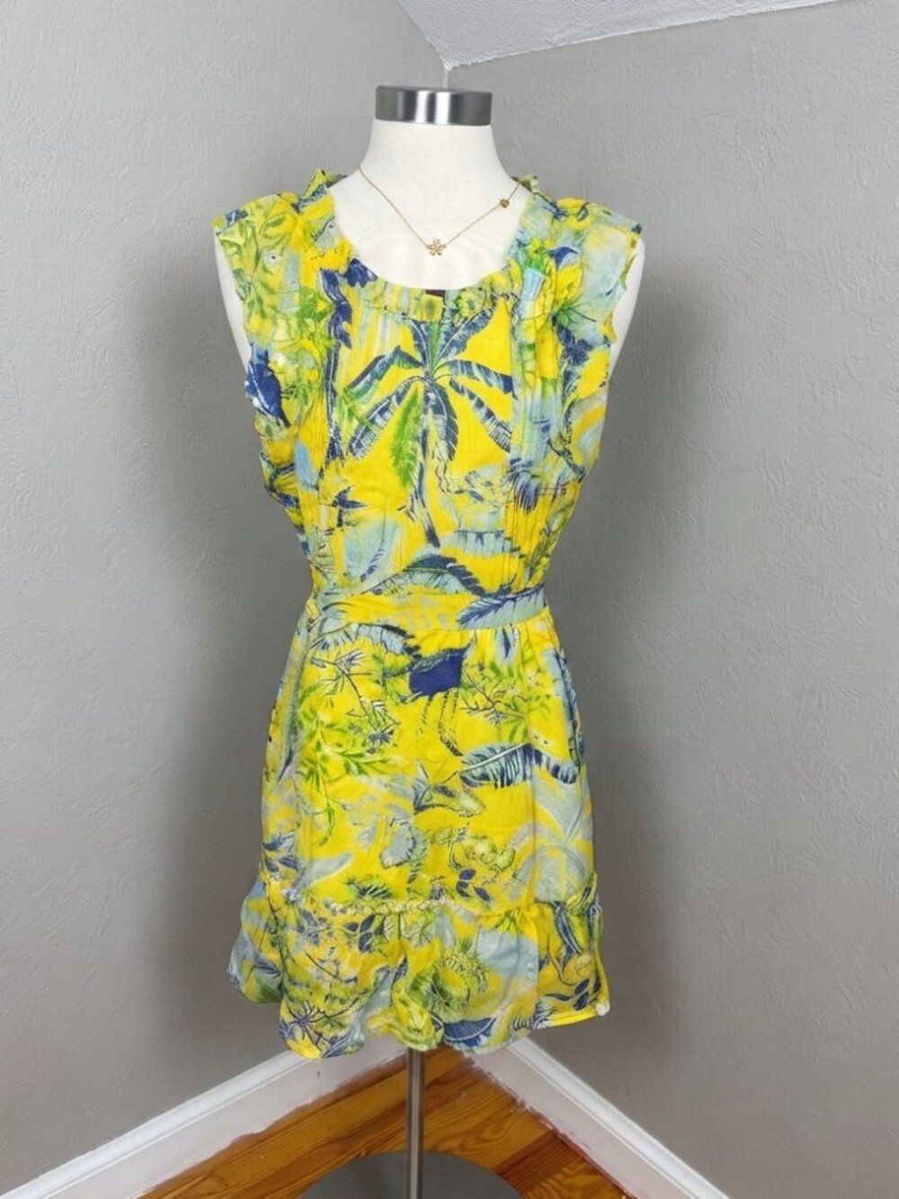 BANJANAN 100% Silk Yellow Tropical Palm Print Mini Dress with Belt
